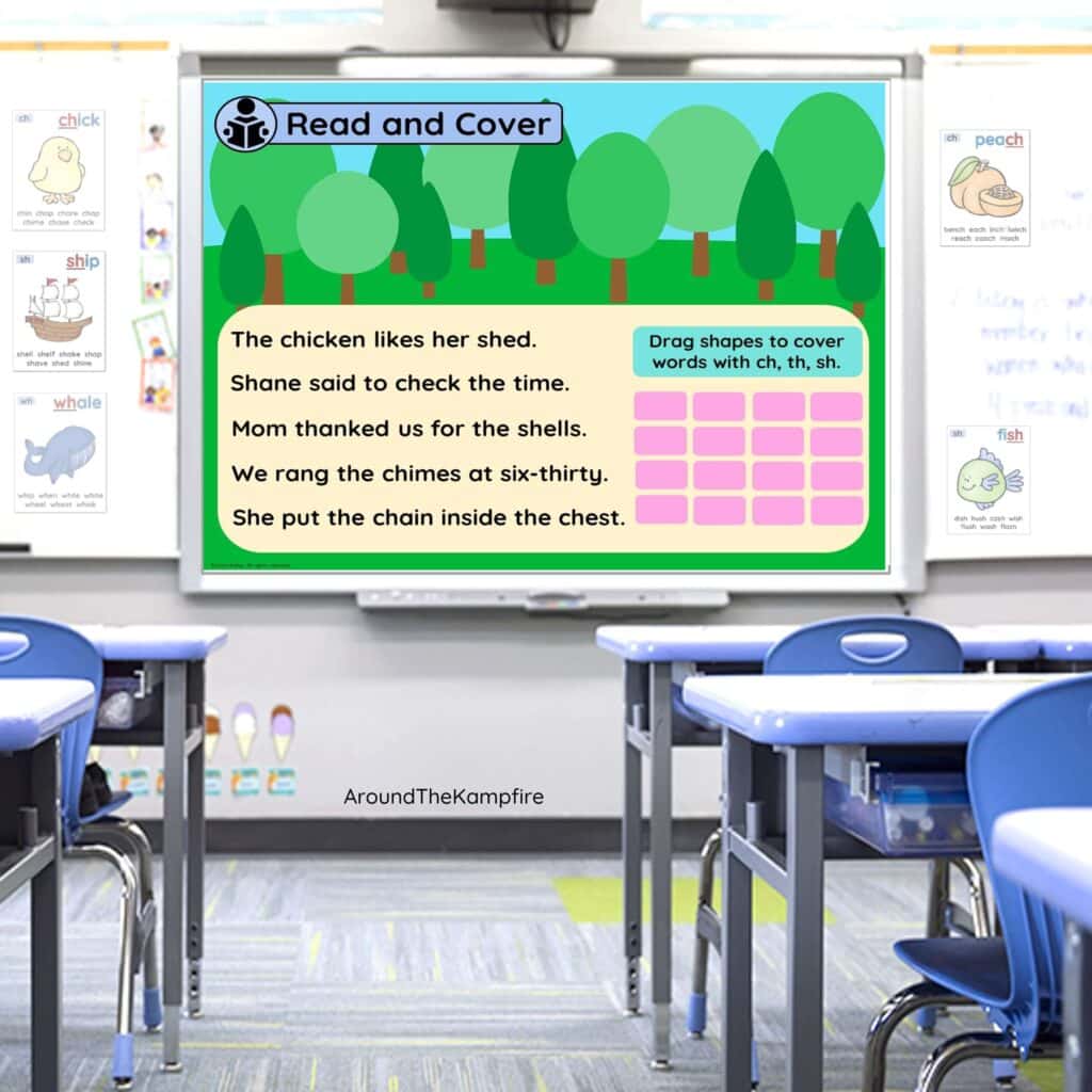 digraphs teaching slide on whiteboard with decodable sentences