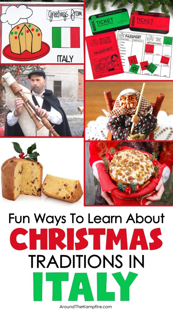 Pictures of Christmas traditions in Italy with panettone, Old Befana, and crafts for kids.