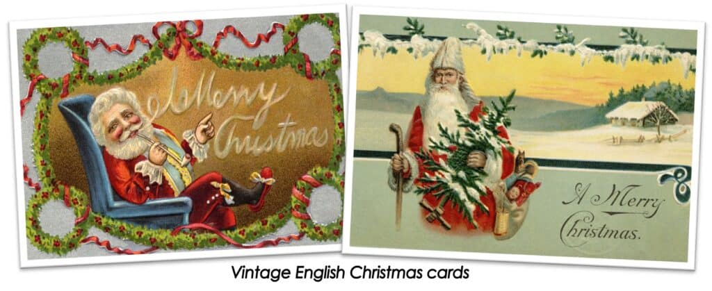 Antique English christmas cards with father christmas pictured.