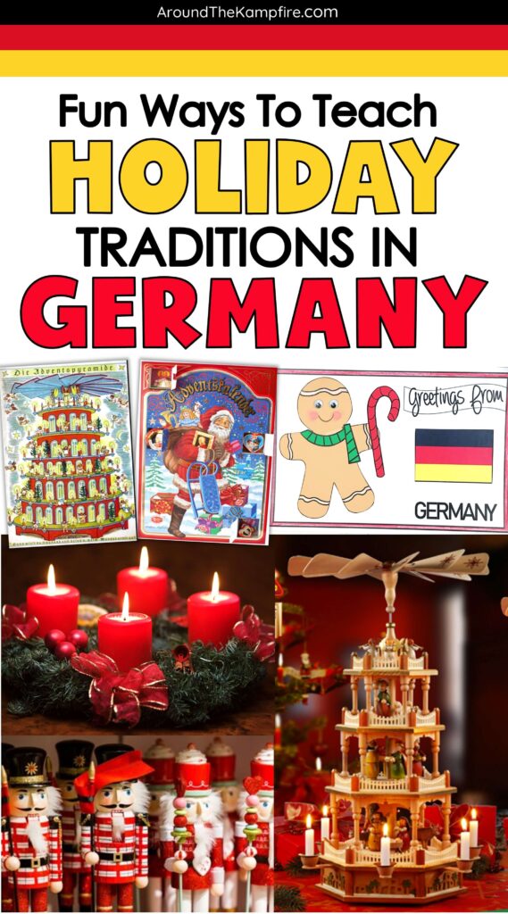 Christmas traditions in Germany with advent wreath gingerbread man crafts, nutcrackers and a Christmas pyramid decoration.