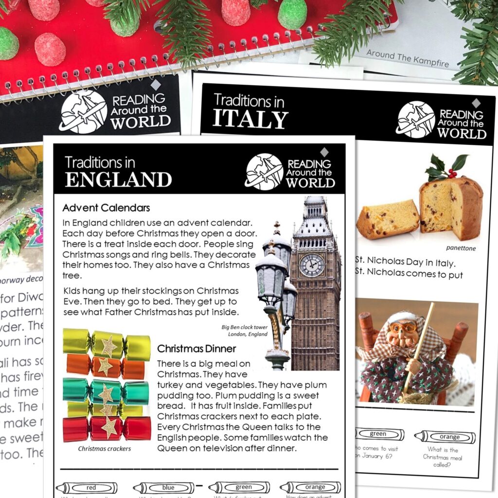 Christmas in England reading comprehension passages with questions for kids to learn holiday traditions in England.