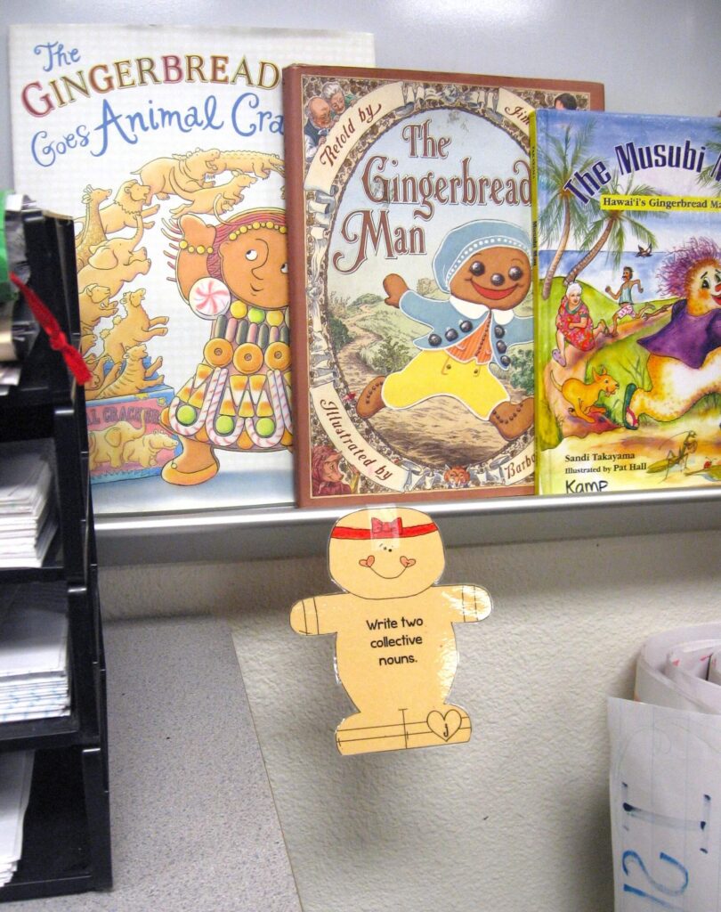 Gingerbread girl task cards and picture books.