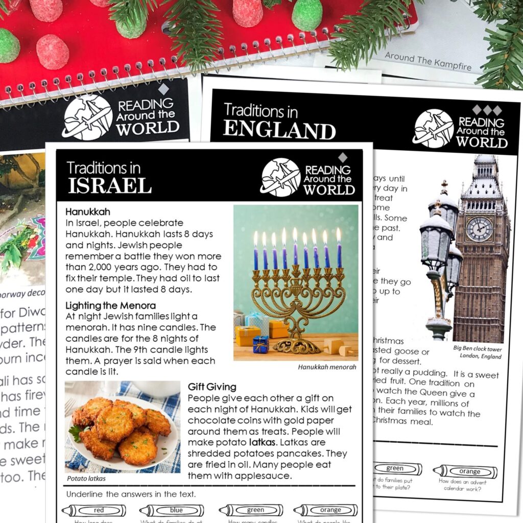 Holidays around the world reading comprehension passages for Israel, England and India.