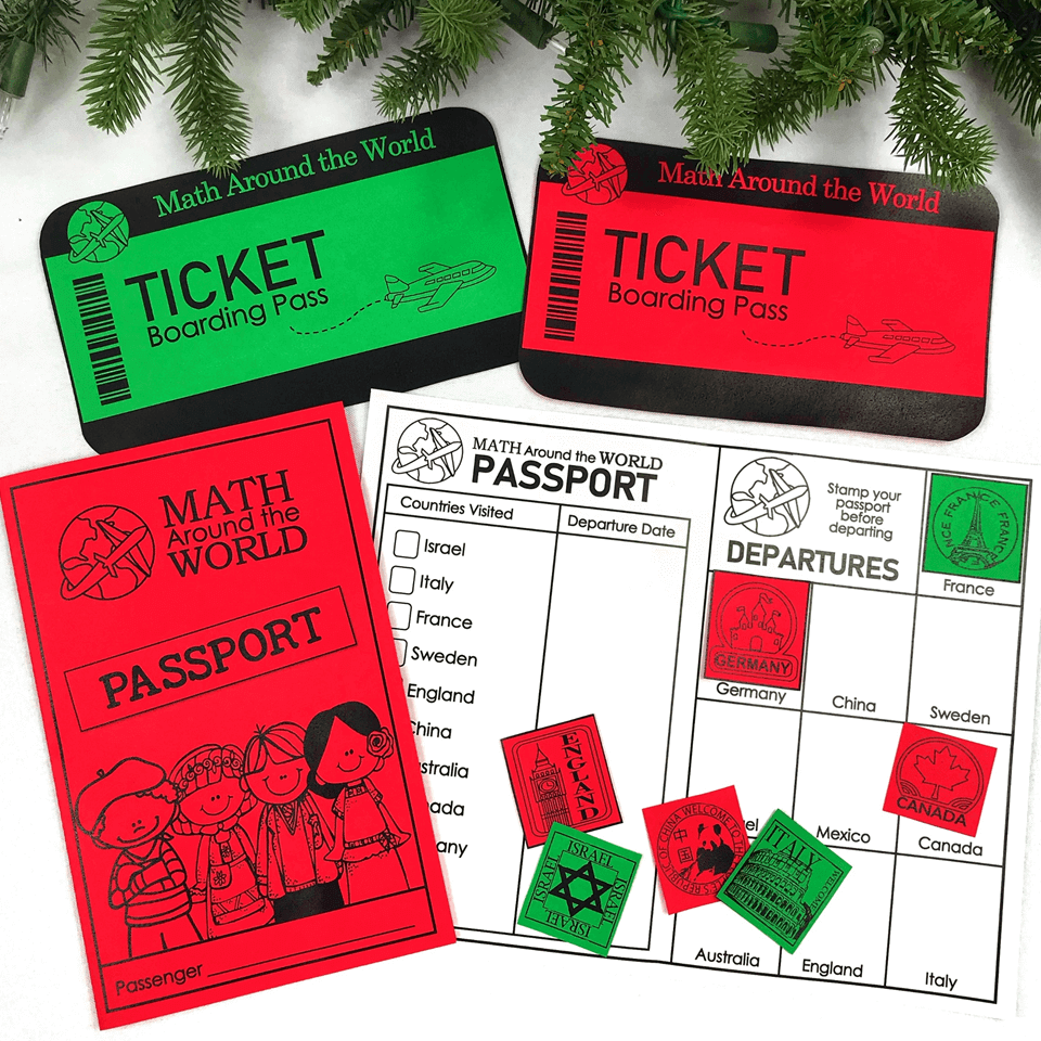 Red and green math around the world passport to use with holidays around the world math centers.