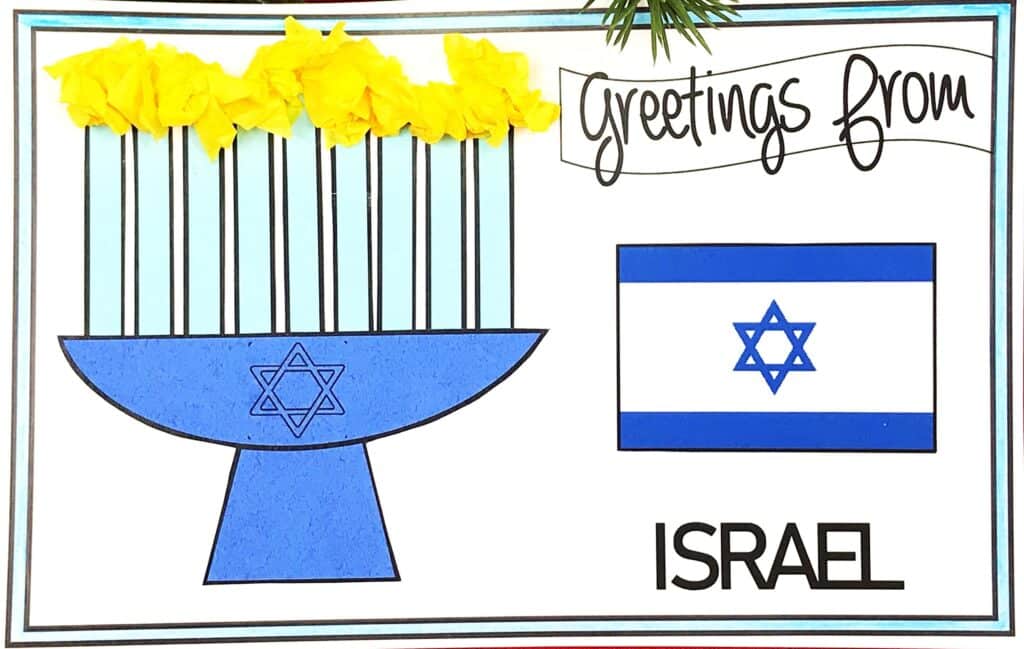 Menora craft for holidays around the world lesson on Israel.