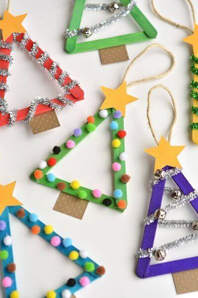 Popsicle stick Christmas tree ornaments.