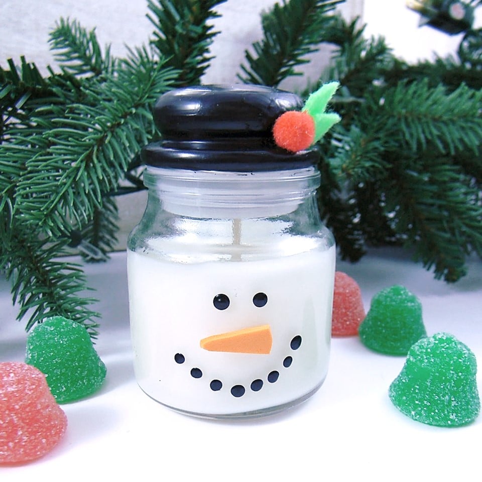 Snowman candle in a jar.