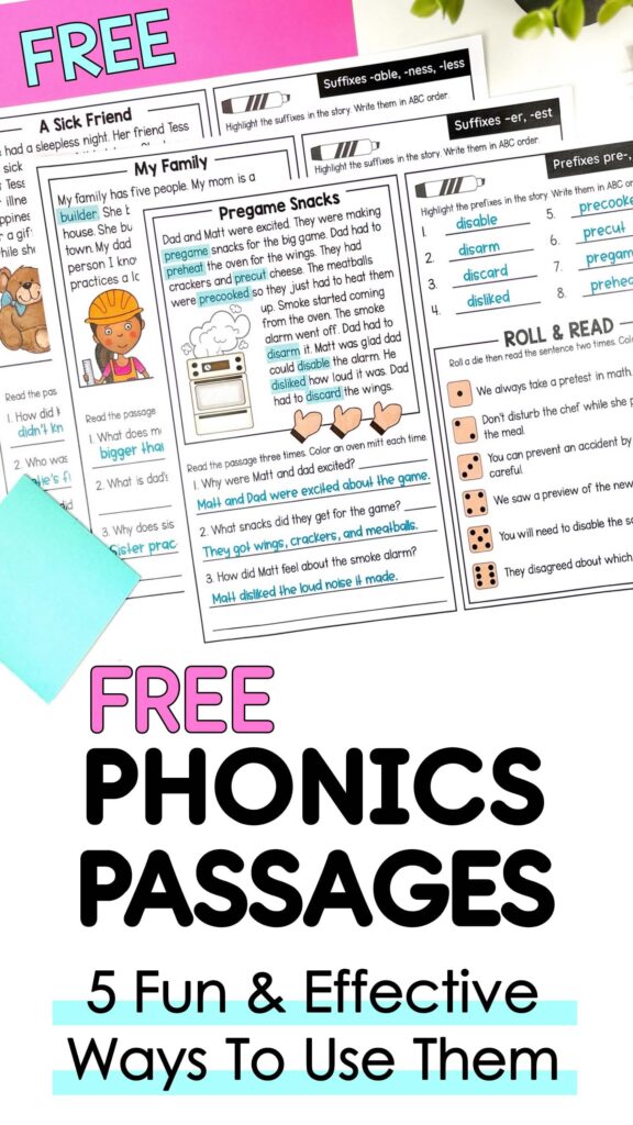 Free decodable phonics passages and a list of skills to teach with them.