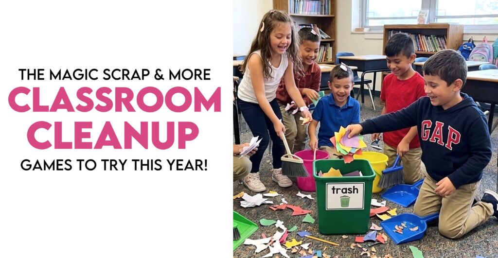 First grade students cleaning up scraps of paper on the floor of classroom