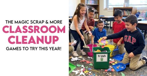 First grade students playing classroom clean up games where they pick up scraps of paper on the floor of classroom
