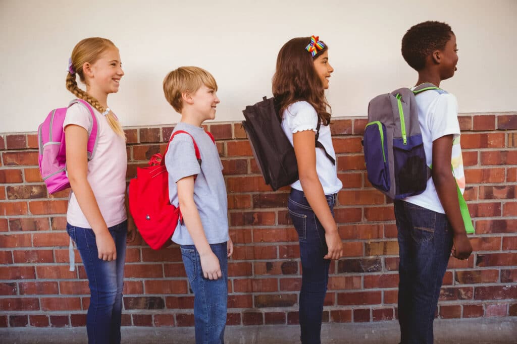 students lined up in the hallway at dismissal time at school