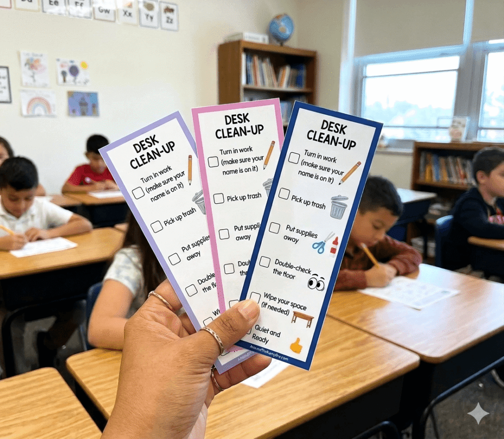 teacher holding desk clean up bookmarks